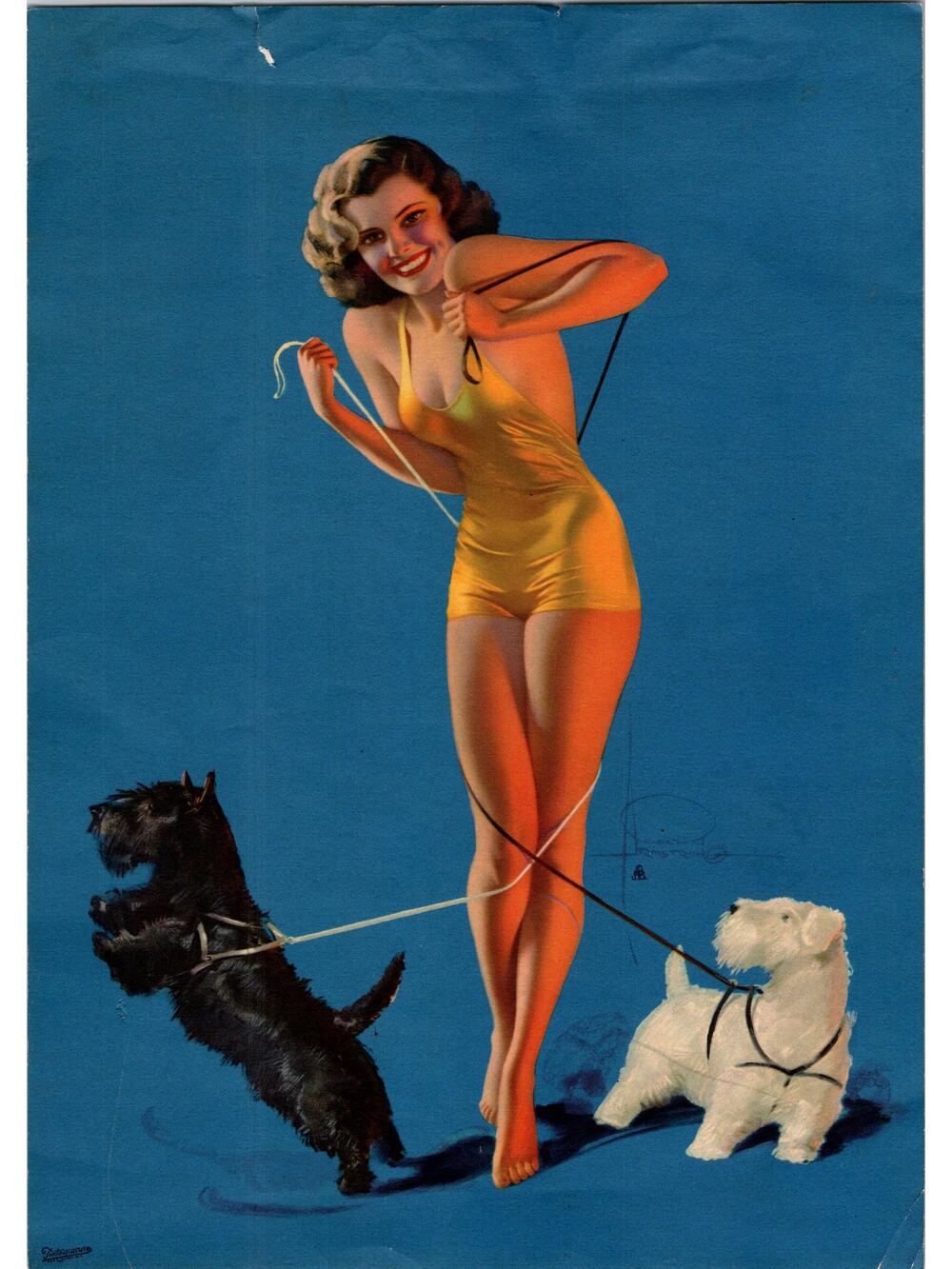 c1950 Rolf Armstrong Pinup Girl with Scotty Dogs Print Litho 7.5x10.5" B16